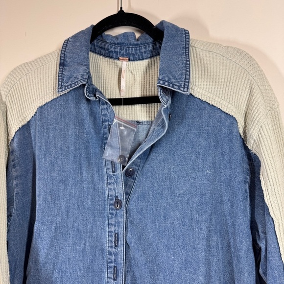 Free People Jean Tunic Dress Blue Beige Button Front Mixed Fabric Size XS - Picture 8 of 16